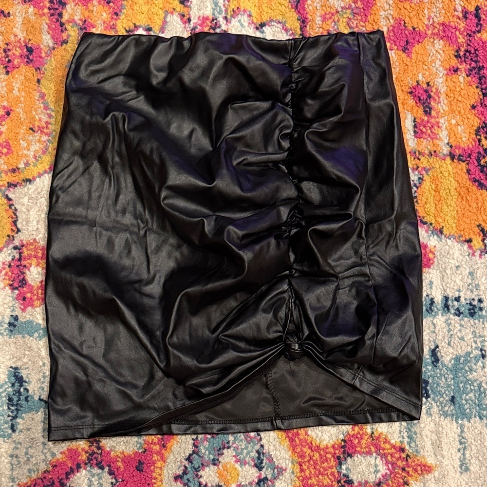 Triple 7 Faux Leather Black Ruched Mini Skirt